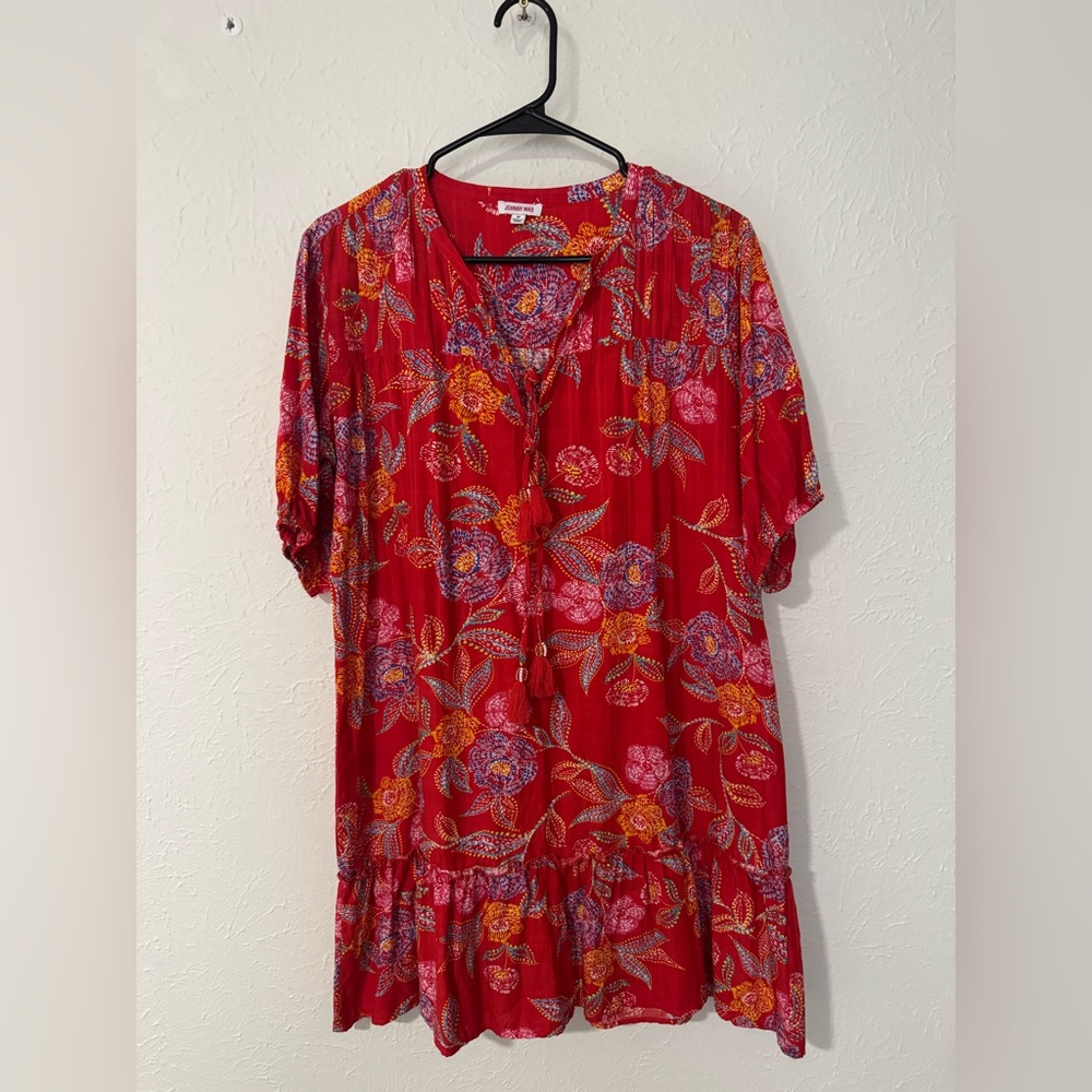 Johnny Was Whimsical Hibiscus Pleated Yoke Dress Size M